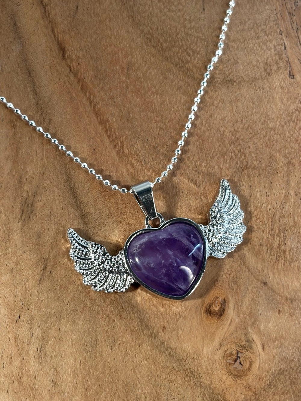 Amethyst Silver Winged Heart Pendant Necklace - Picture 11 of 13